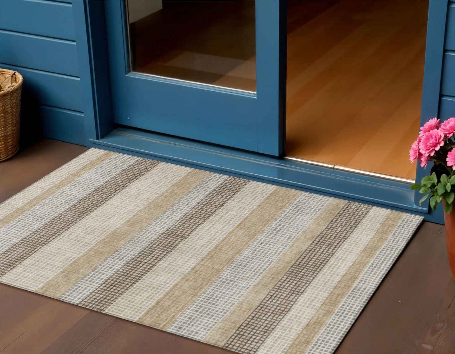 3' X 5' Beige And Ivory Striped Washable Indoor Outdoor Area Rug
