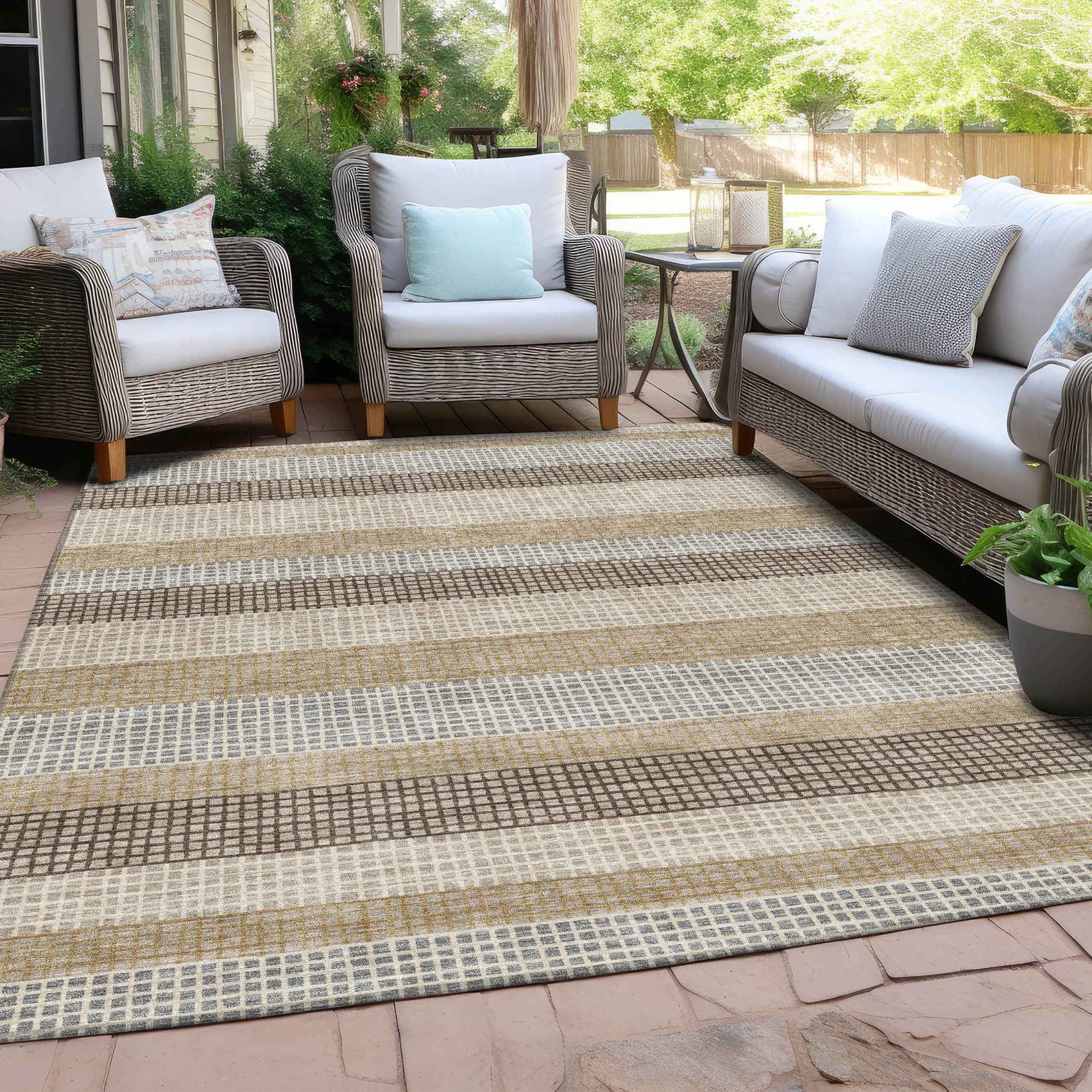 3' X 5' Beige And Ivory Striped Washable Indoor Outdoor Area Rug