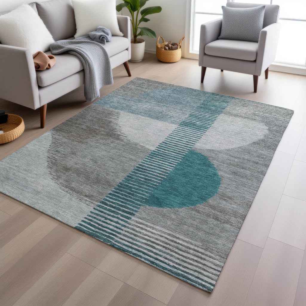 3' X 5' Teal Blue And Gray Geometric Washable Indoor Outdoor Area Rug