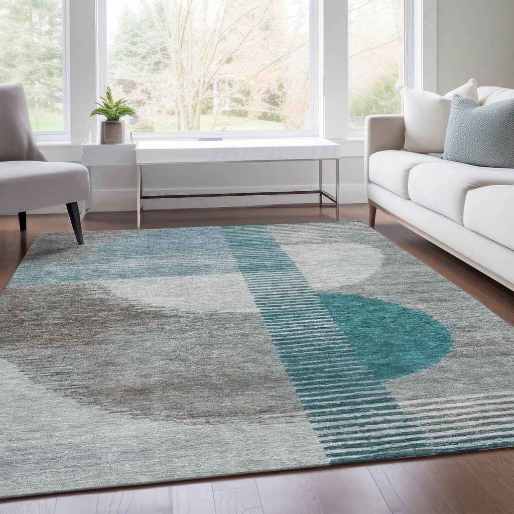 3' X 5' Teal Blue And Gray Geometric Washable Indoor Outdoor Area Rug