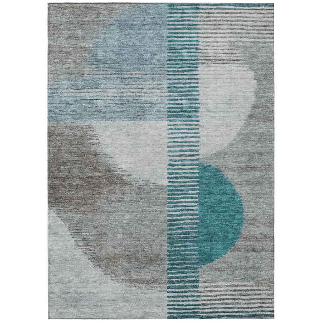 3' X 5' Teal Blue And Gray Geometric Washable Indoor Outdoor Area Rug