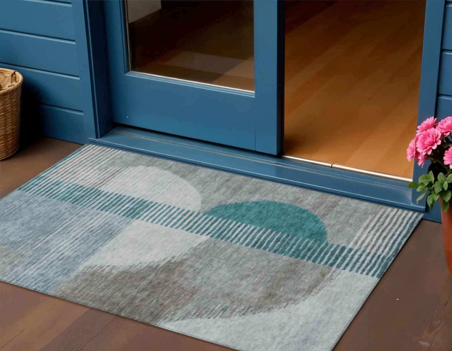 3' X 5' Teal Blue And Gray Geometric Washable Indoor Outdoor Area Rug