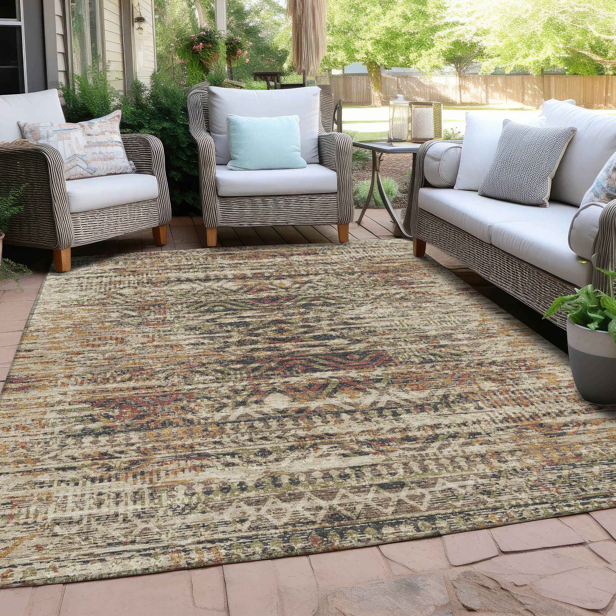 3' X 5' Beige And Fern Green Moroccan Washable Indoor Outdoor Area Rug