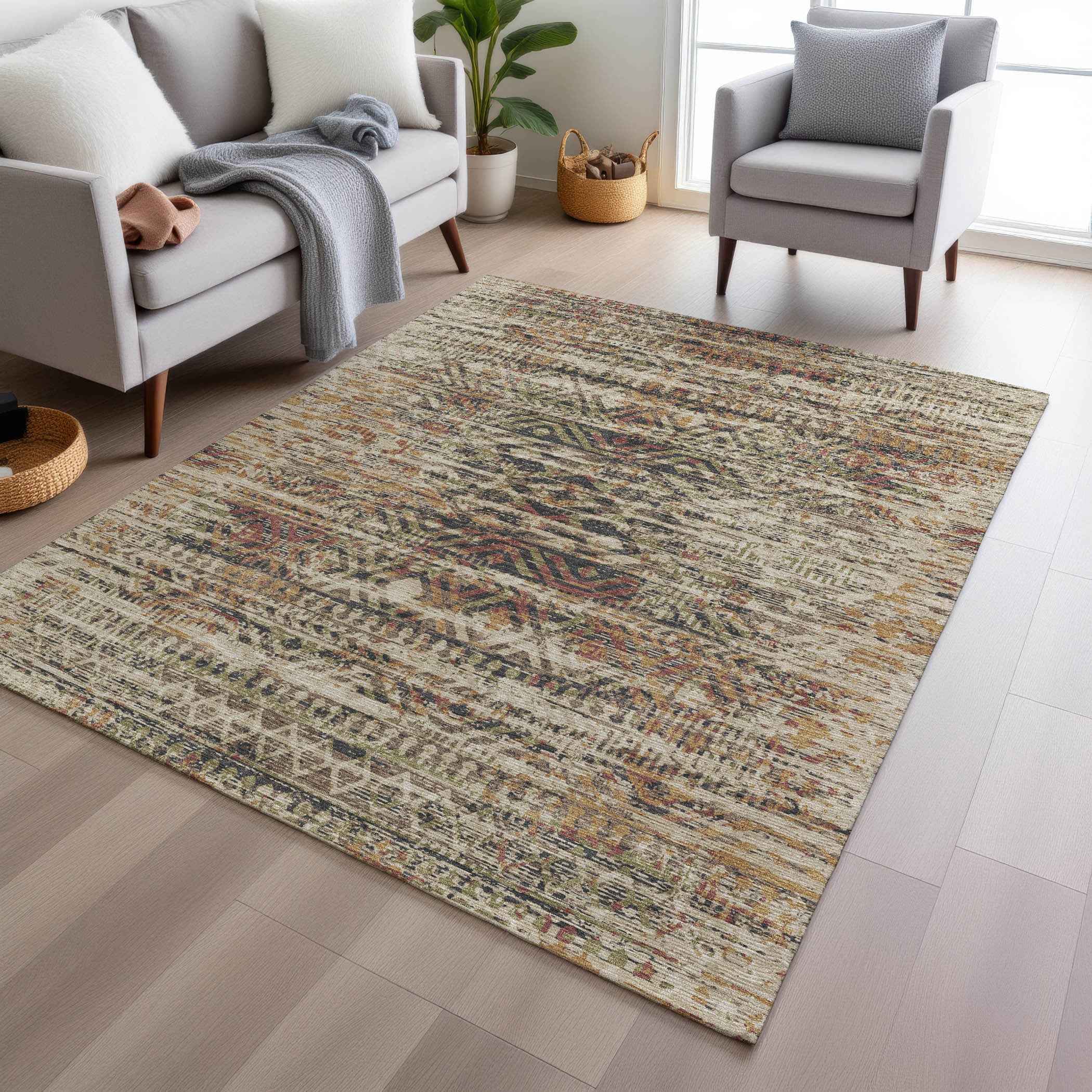 3' X 5' Beige And Fern Green Moroccan Washable Indoor Outdoor Area Rug