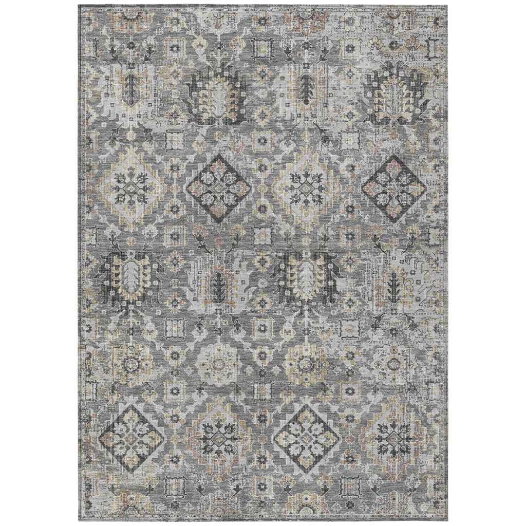 9' X 12' Gray And Copper Floral Medallion Washable Indoor Outdoor Area Rug