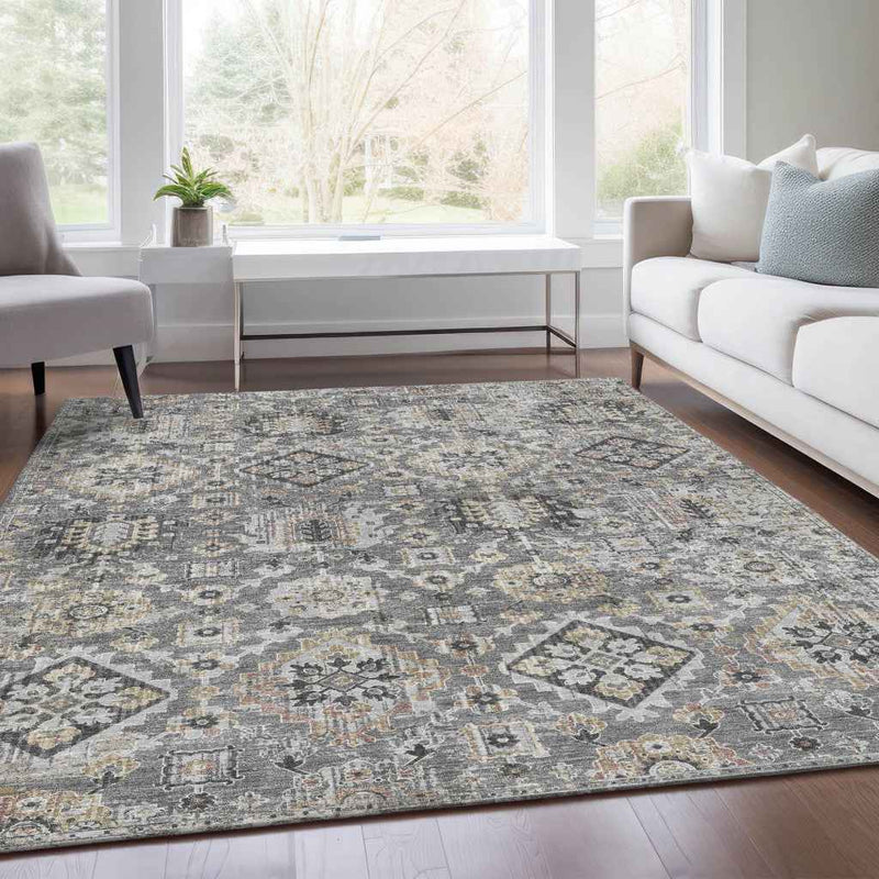 9' X 12' Gray And Copper Floral Medallion Washable Indoor Outdoor Area Rug