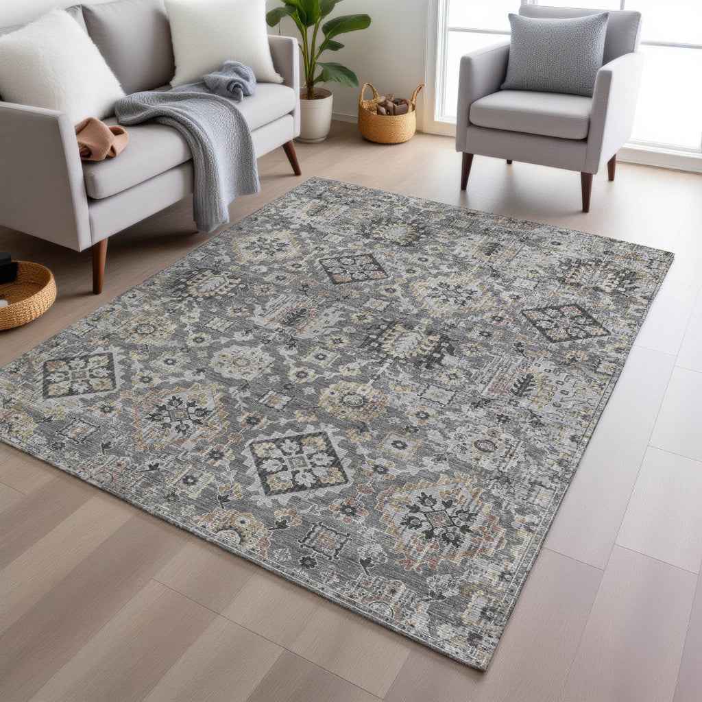 9' X 12' Gray And Copper Floral Medallion Washable Indoor Outdoor Area Rug