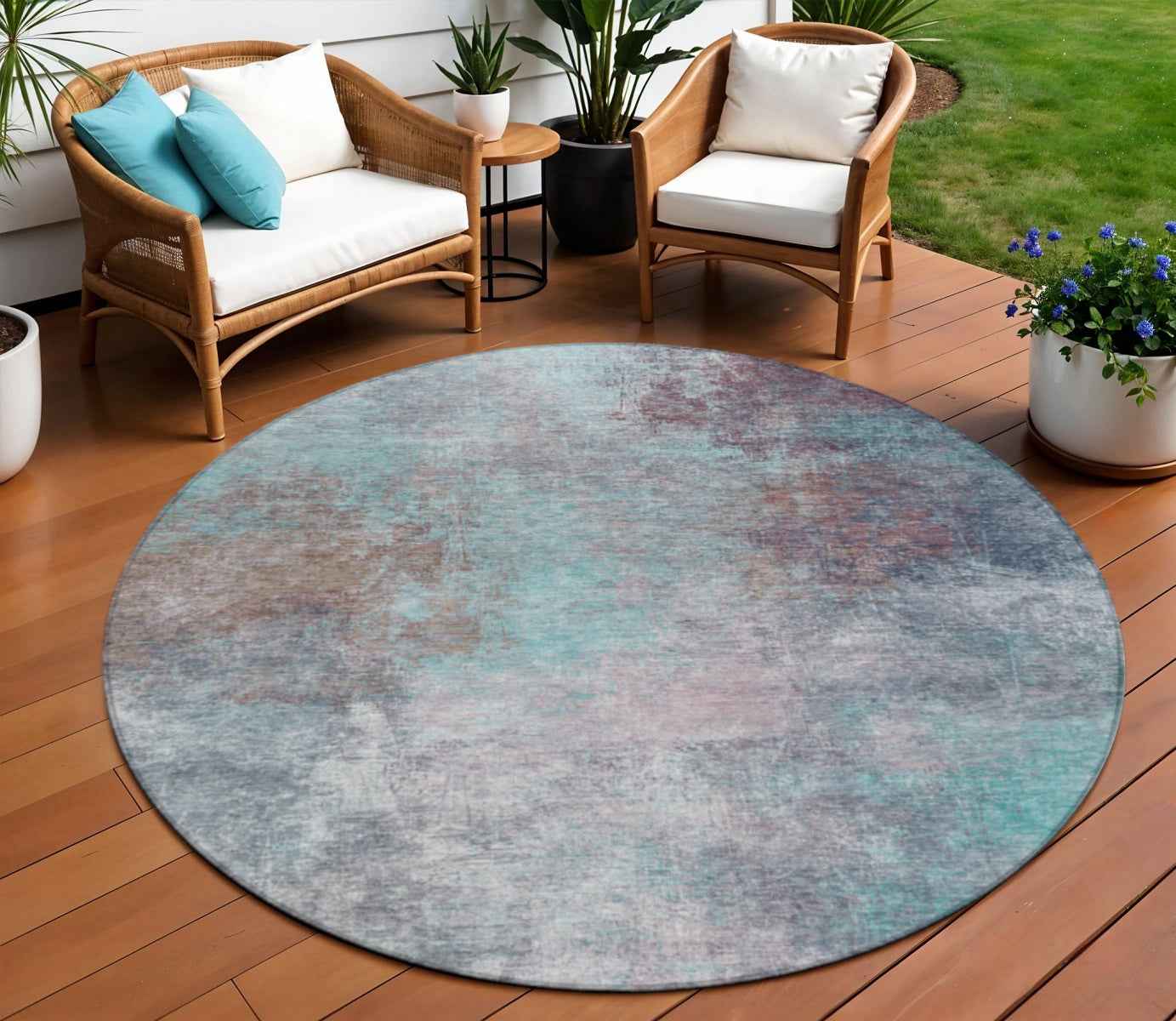 8' Teal Blue And Blush Round Abstract Washable Indoor Outdoor Area Rug
