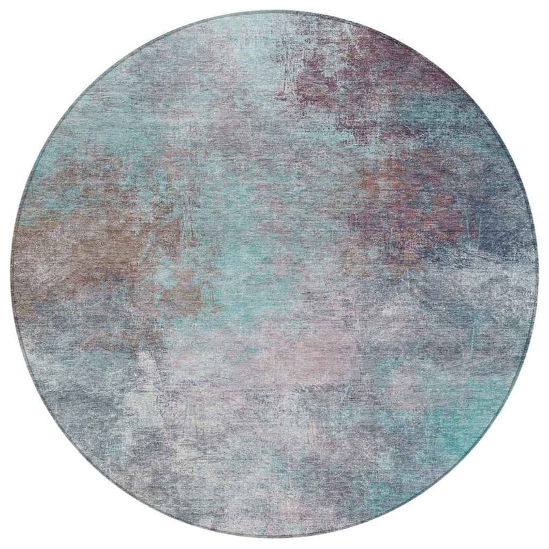 8' Teal Blue And Blush Round Abstract Washable Indoor Outdoor Area Rug