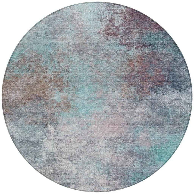 8' Teal Blue And Blush Round Abstract Washable Indoor Outdoor Area Rug