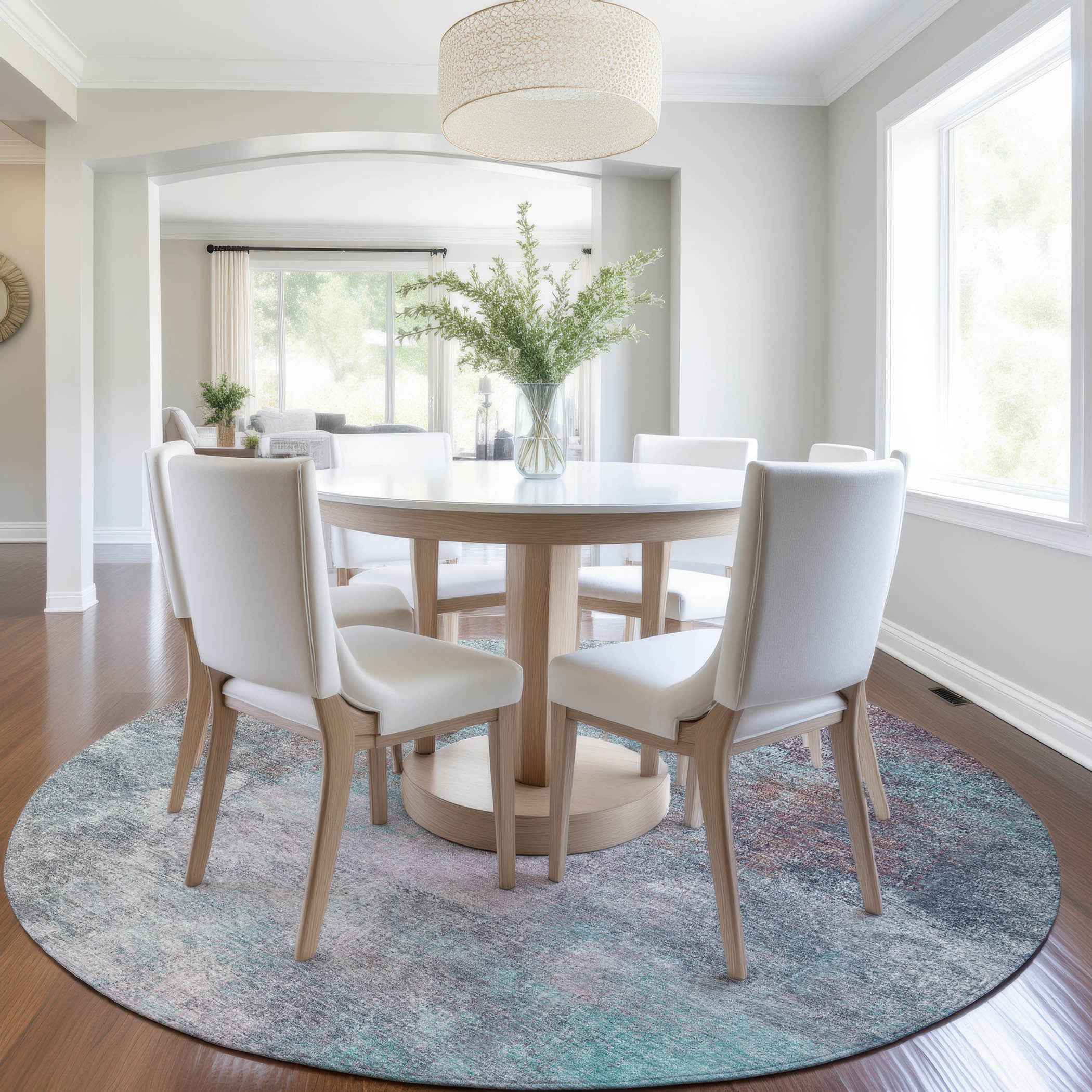 8' Teal Blue And Blush Round Abstract Washable Indoor Outdoor Area Rug