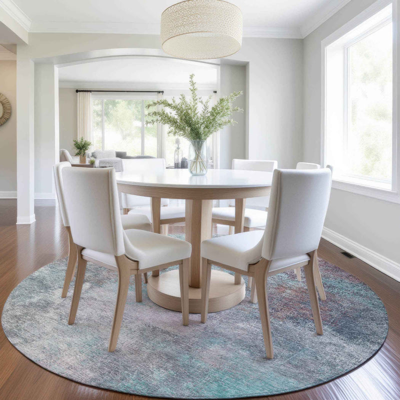 8' Teal Blue And Blush Round Abstract Washable Indoor Outdoor Area Rug