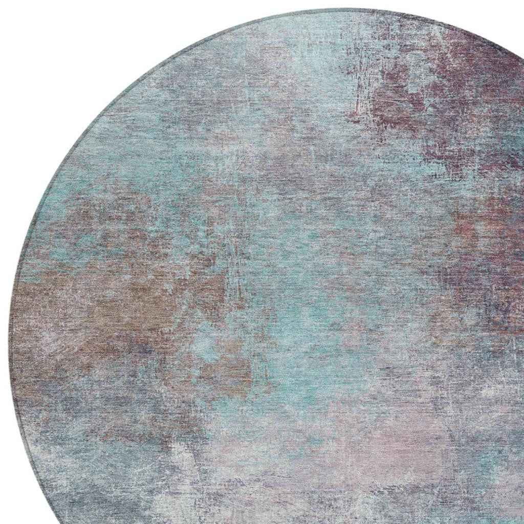 8' Teal Blue And Blush Round Abstract Washable Indoor Outdoor Area Rug