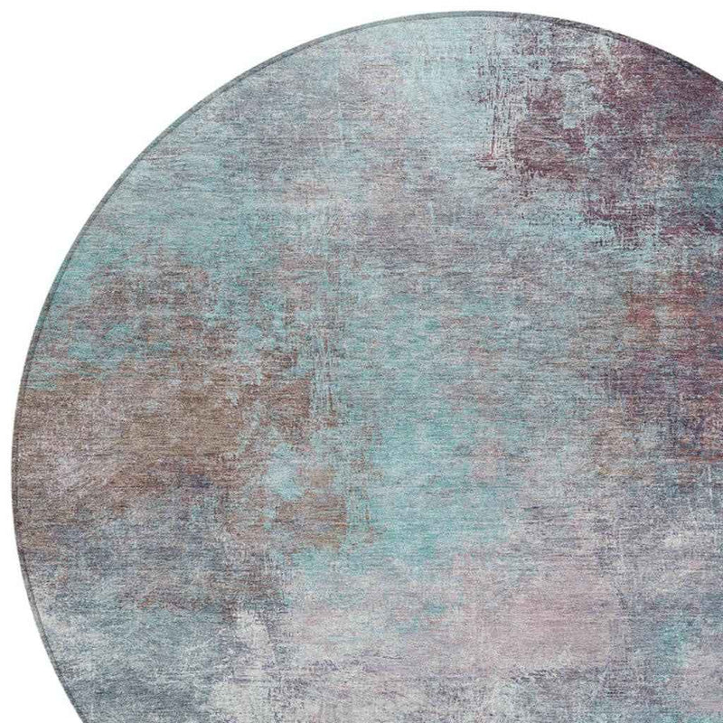 8' Teal Blue And Blush Round Abstract Washable Indoor Outdoor Area Rug