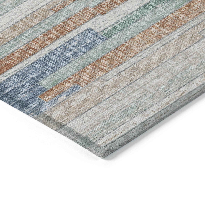 3' X 5' Linen And Pale Aqua Striped Washable Indoor Outdoor Area Rug