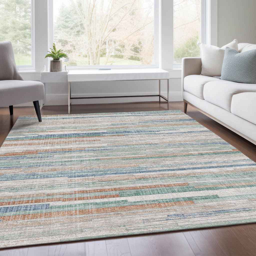 3' X 5' Linen And Pale Aqua Striped Washable Indoor Outdoor Area Rug