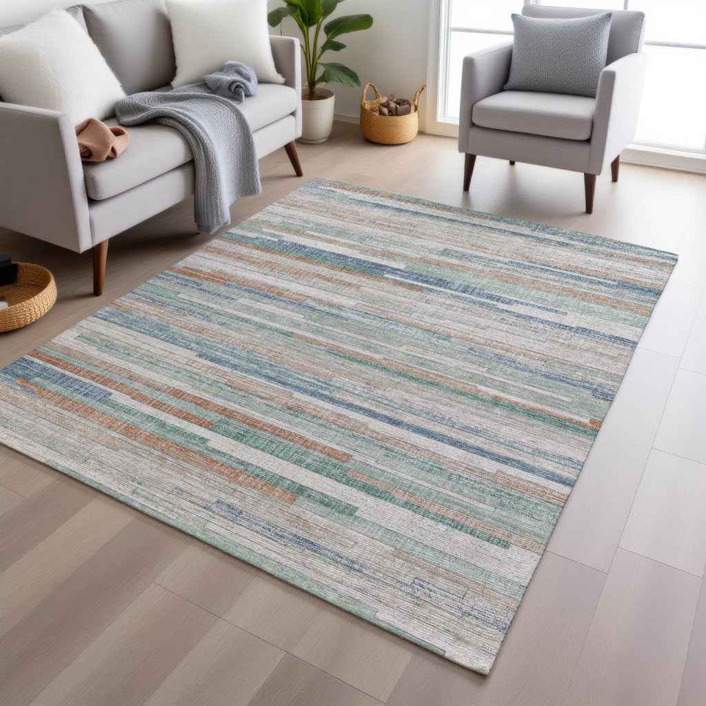3' X 5' Linen And Pale Aqua Striped Washable Indoor Outdoor Area Rug
