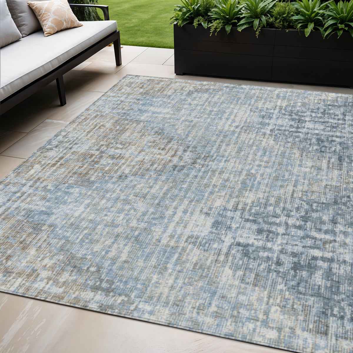 5' X 8' Denim Blue And Beige Geometric Washable Indoor Outdoor Area Rug