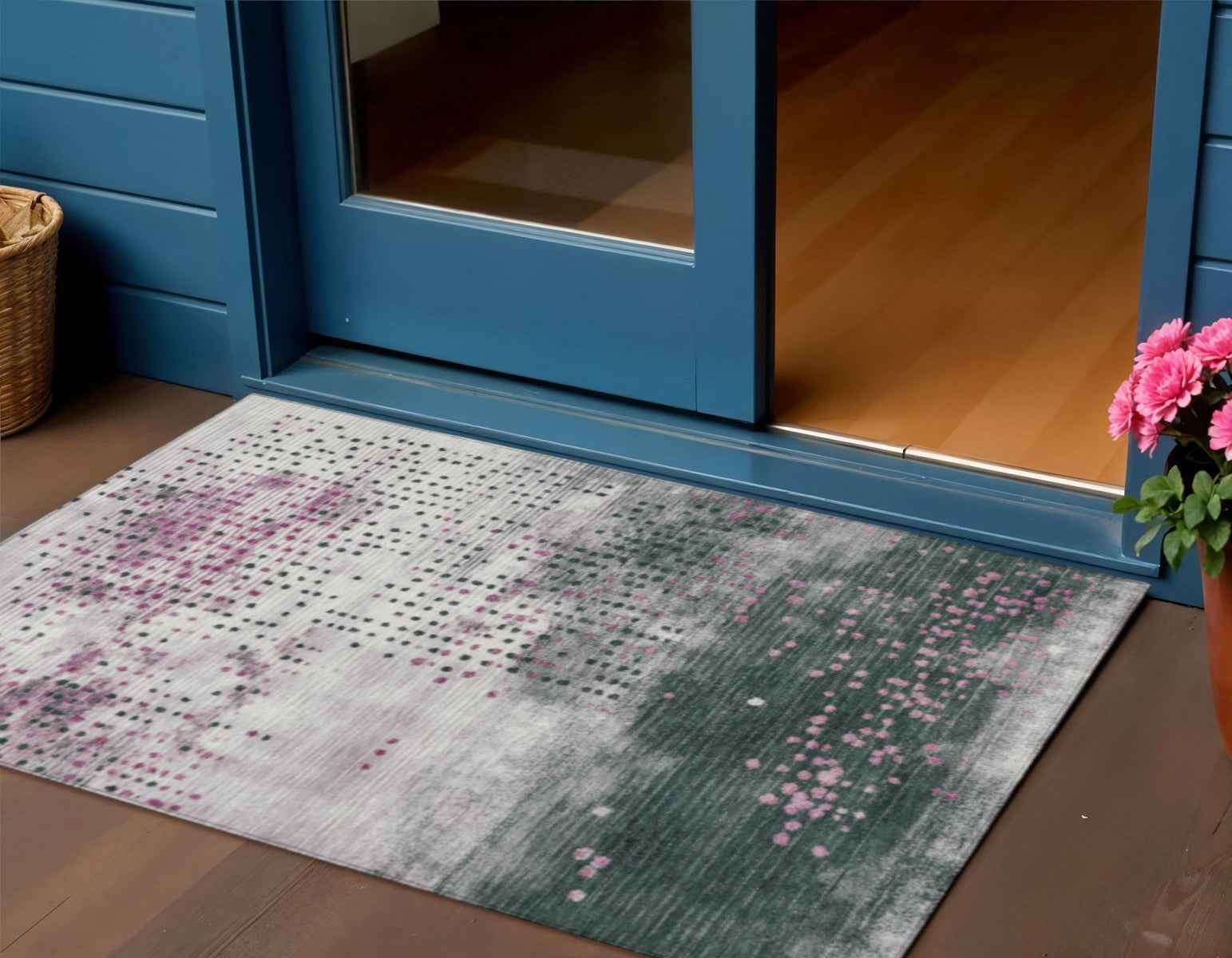 3' X 5' Blush And Emerald Geometric Washable Indoor Outdoor Area Rug