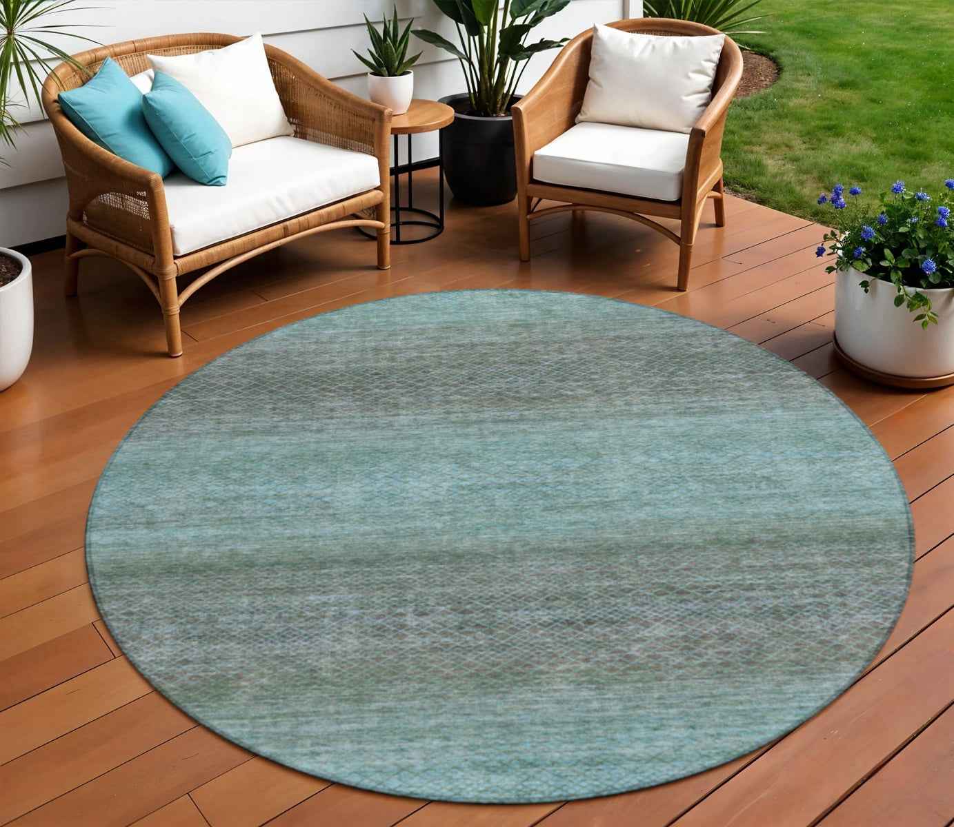 8' Teal Blue And Brown Round Geometric Washable Indoor Outdoor Area Rug
