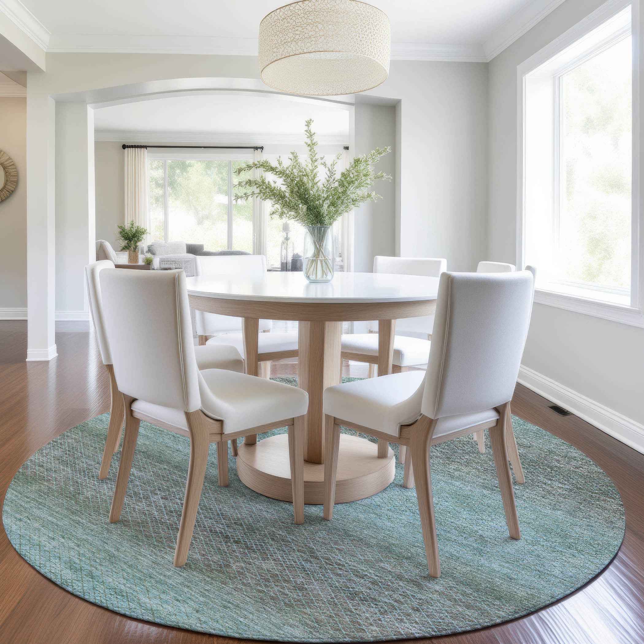 8' Teal Blue And Brown Round Geometric Washable Indoor Outdoor Area Rug