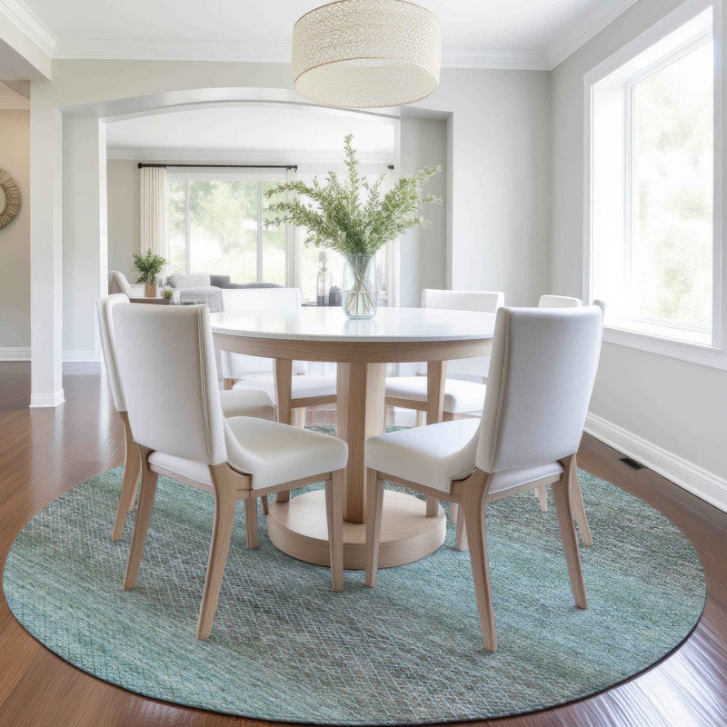 8' Teal Blue And Brown Round Geometric Washable Indoor Outdoor Area Rug