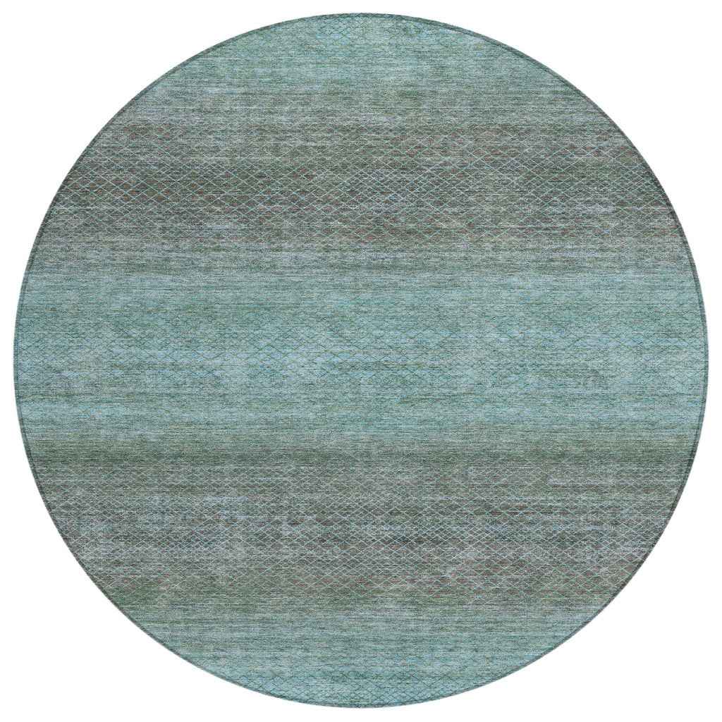 8' Teal Blue And Brown Round Geometric Washable Indoor Outdoor Area Rug