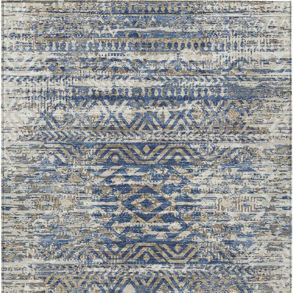 3' X 5' Blue And Beige Moroccan Washable Indoor Outdoor Area Rug