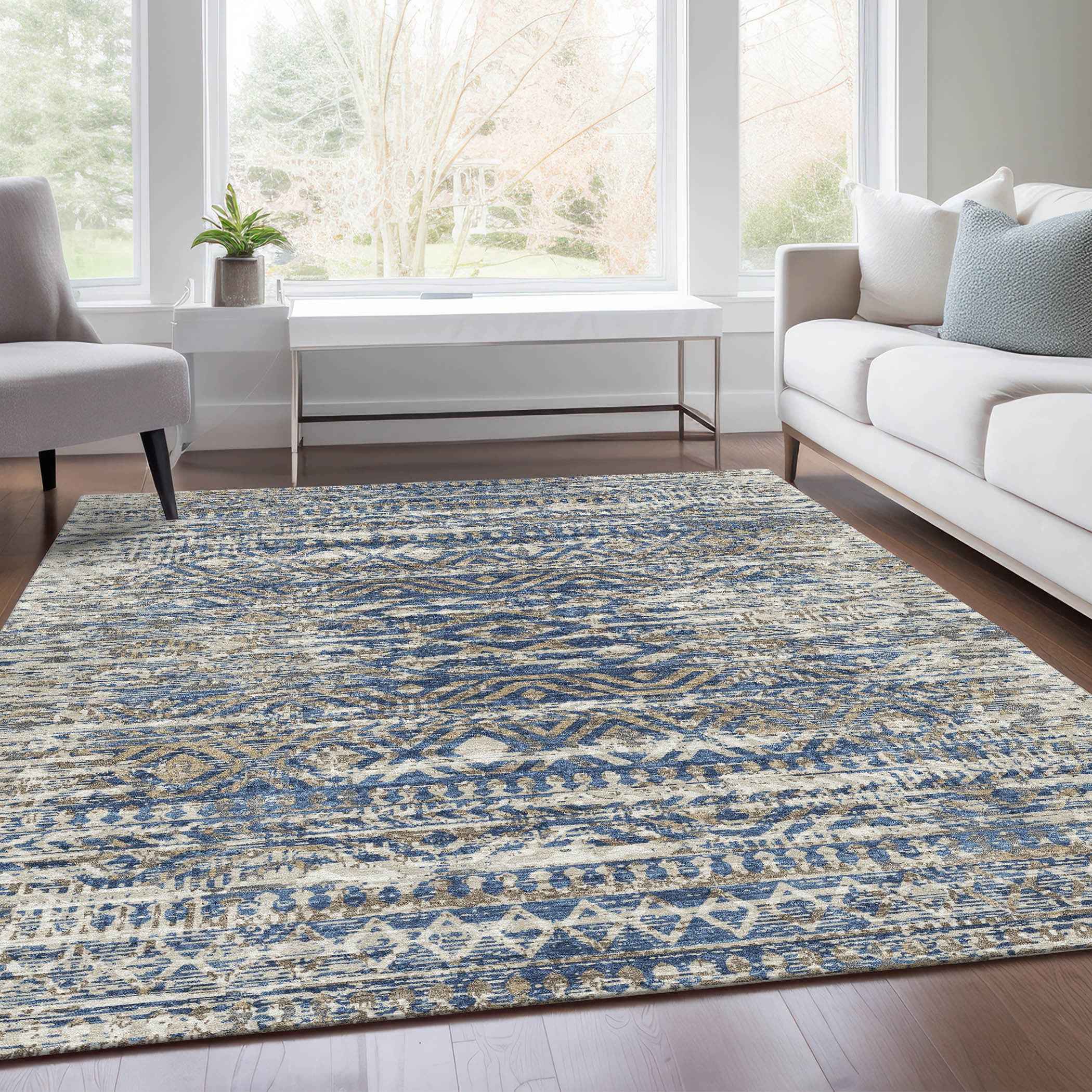 3' X 5' Blue And Beige Moroccan Washable Indoor Outdoor Area Rug