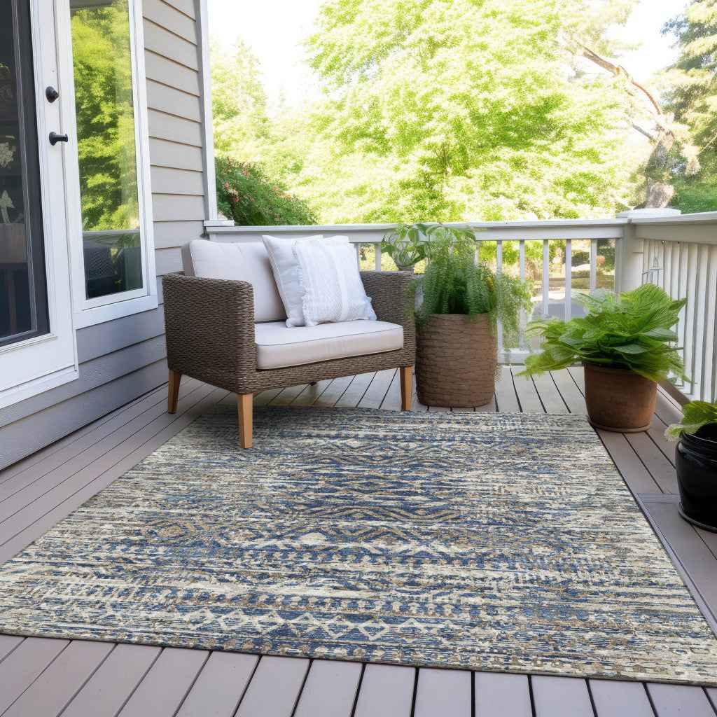 3' X 5' Blue And Beige Moroccan Washable Indoor Outdoor Area Rug