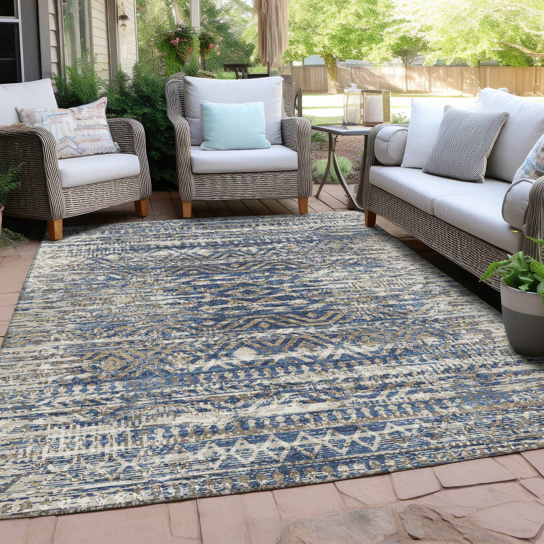 3' X 5' Blue And Beige Moroccan Washable Indoor Outdoor Area Rug