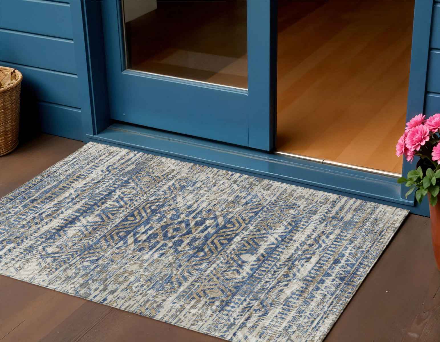3' X 5' Blue And Beige Moroccan Washable Indoor Outdoor Area Rug