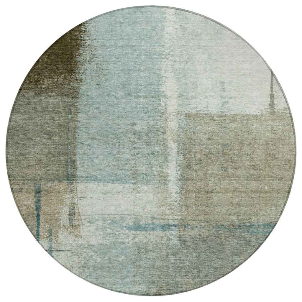 8' Pale Aqua And Beige Round Abstract Washable Indoor Outdoor Area Rug