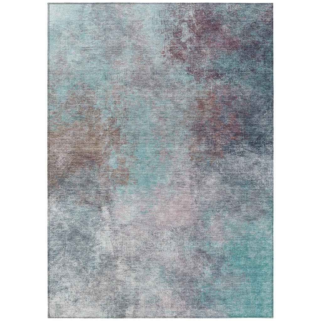 8' X 10' Teal Blue And Blush Abstract Washable Indoor Outdoor Area Rug