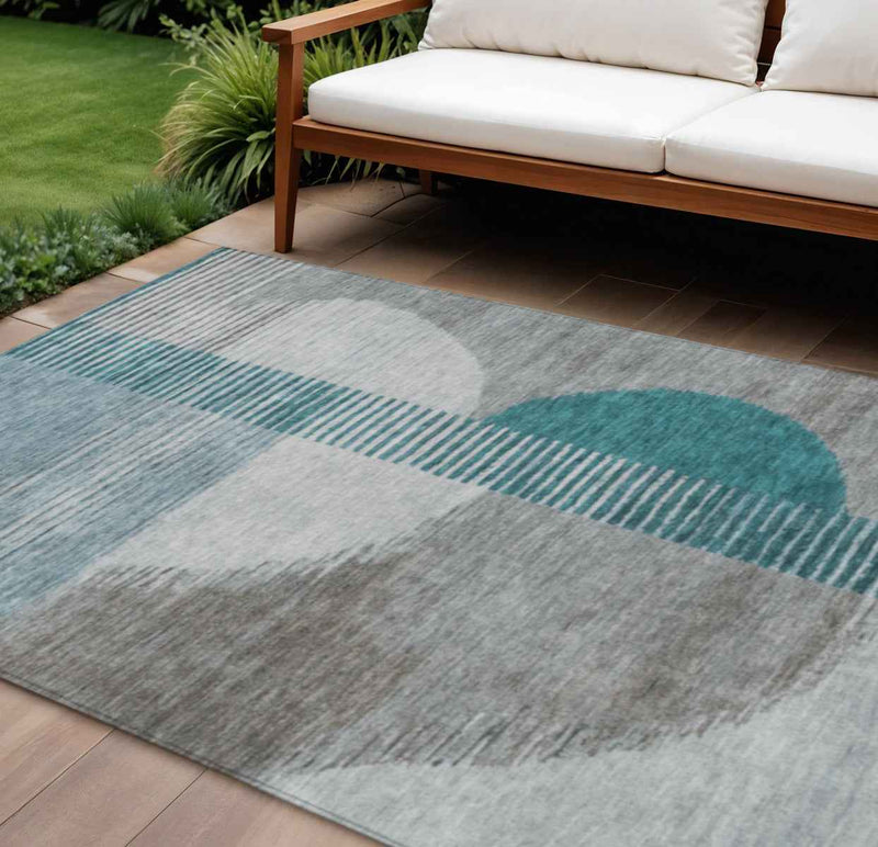 8' X 10' Teal Blue And Gray Geometric Washable Indoor Outdoor Area Rug