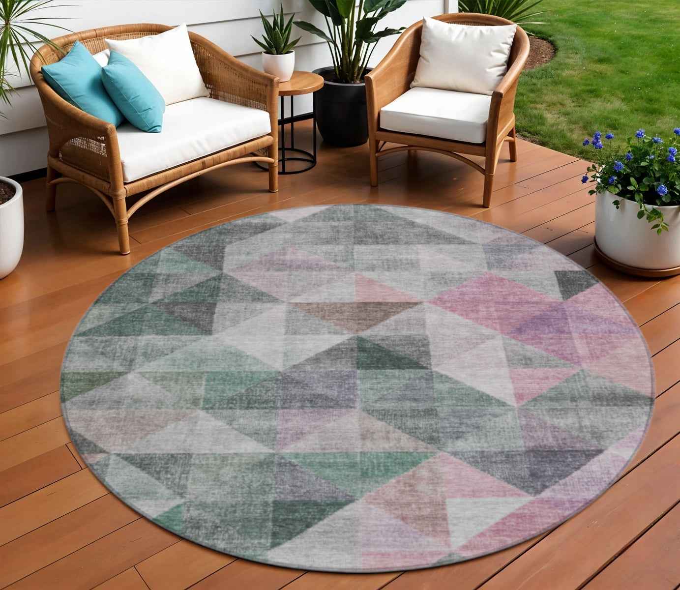 8' Blush And Green Round Geometric Washable Indoor Outdoor Area Rug