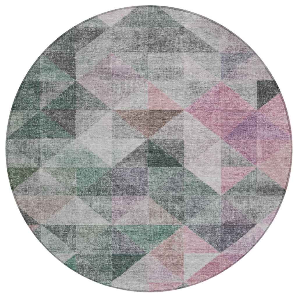 8' Blush And Green Round Geometric Washable Indoor Outdoor Area Rug