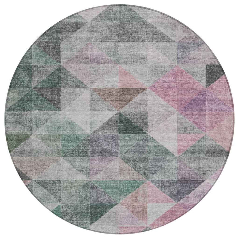 8' Blush And Green Round Geometric Washable Indoor Outdoor Area Rug