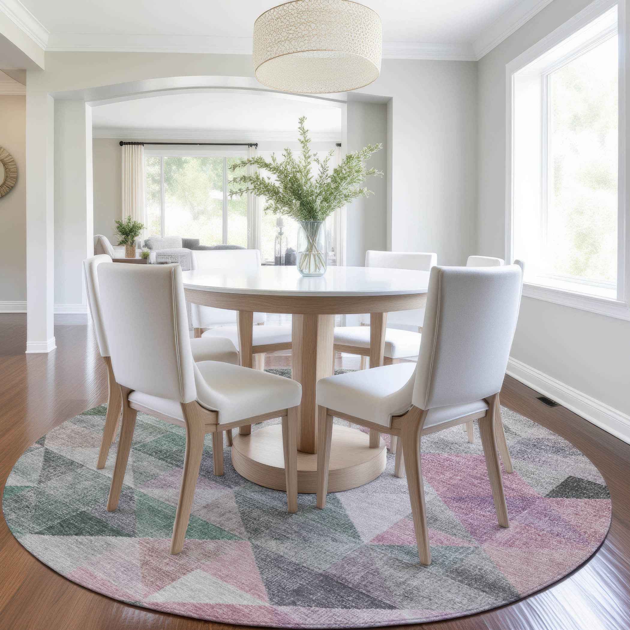 8' Blush And Green Round Geometric Washable Indoor Outdoor Area Rug