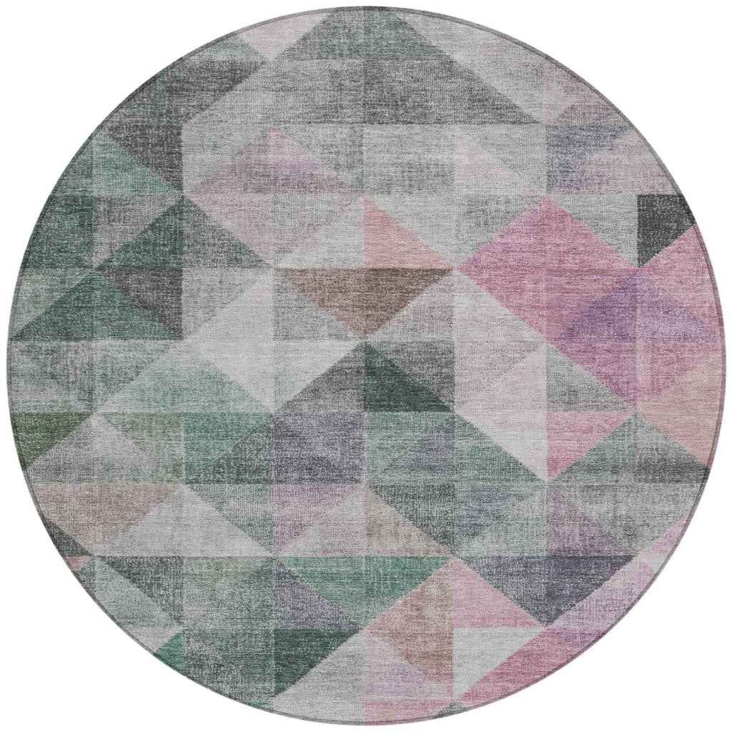 8' Blush And Green Round Geometric Washable Indoor Outdoor Area Rug