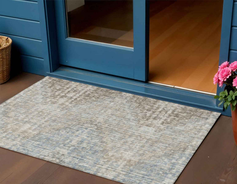 3' X 5' Beige And Gray Geometric Washable Indoor Outdoor Area Rug