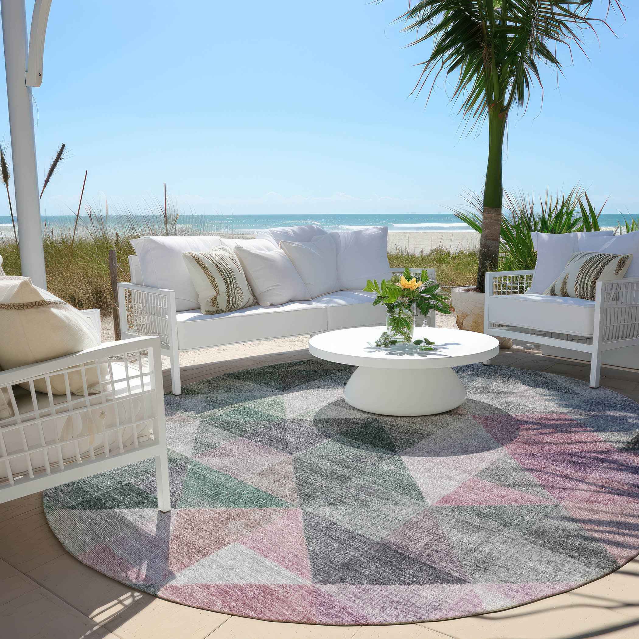 8' Blush And Green Round Geometric Washable Indoor Outdoor Area Rug