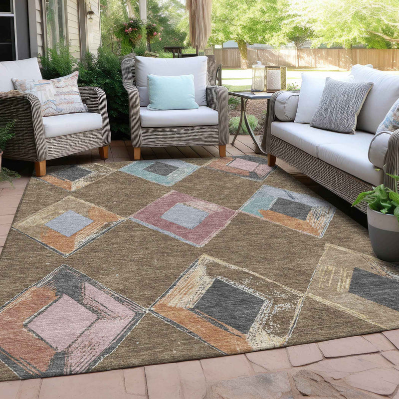 8' X 10' Brown Mauve And Charcoal Geometric Washable Indoor Outdoor Area Rug