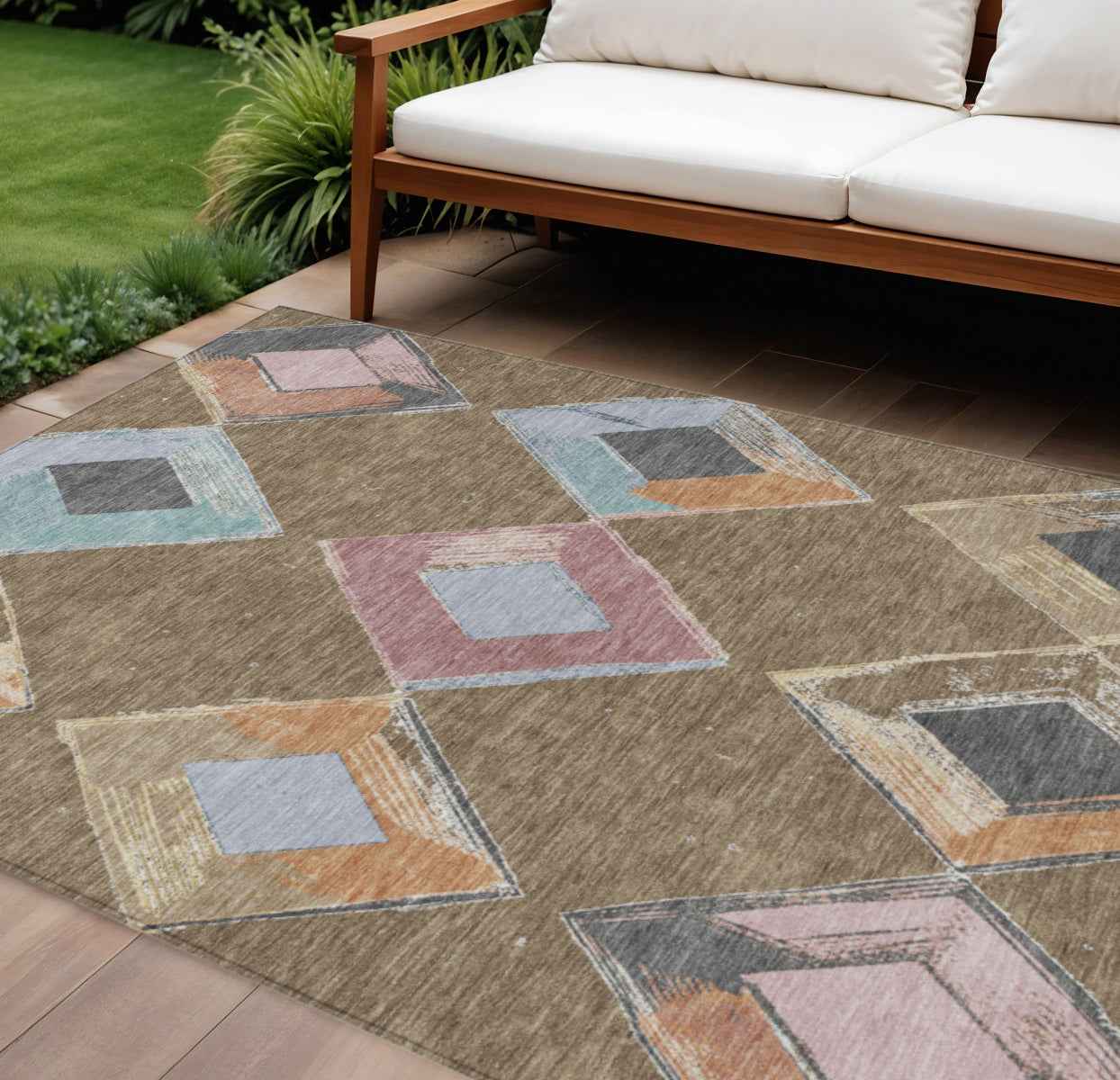 8' X 10' Brown Mauve And Charcoal Geometric Washable Indoor Outdoor Area Rug