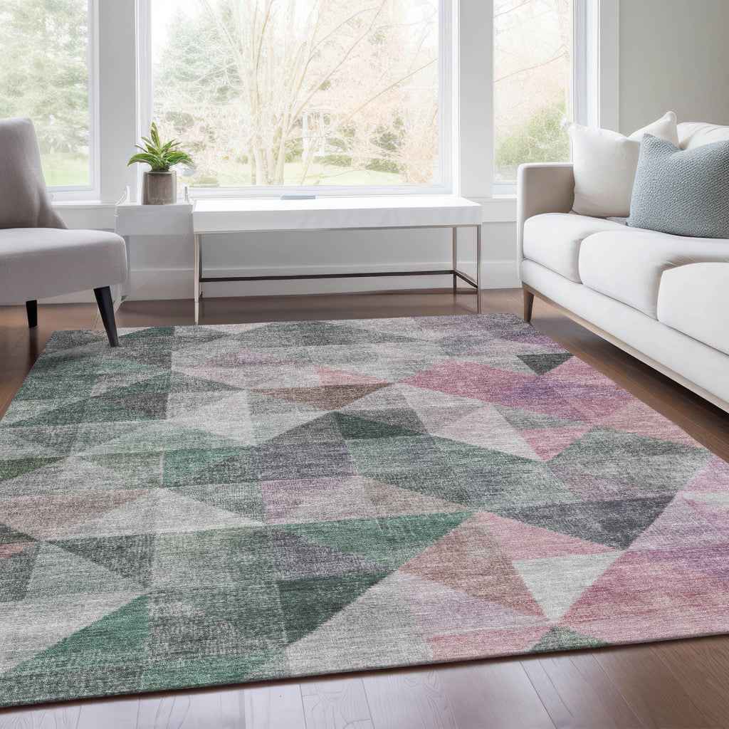 8' X 10' Blush And Green Geometric Washable Indoor Outdoor Area Rug