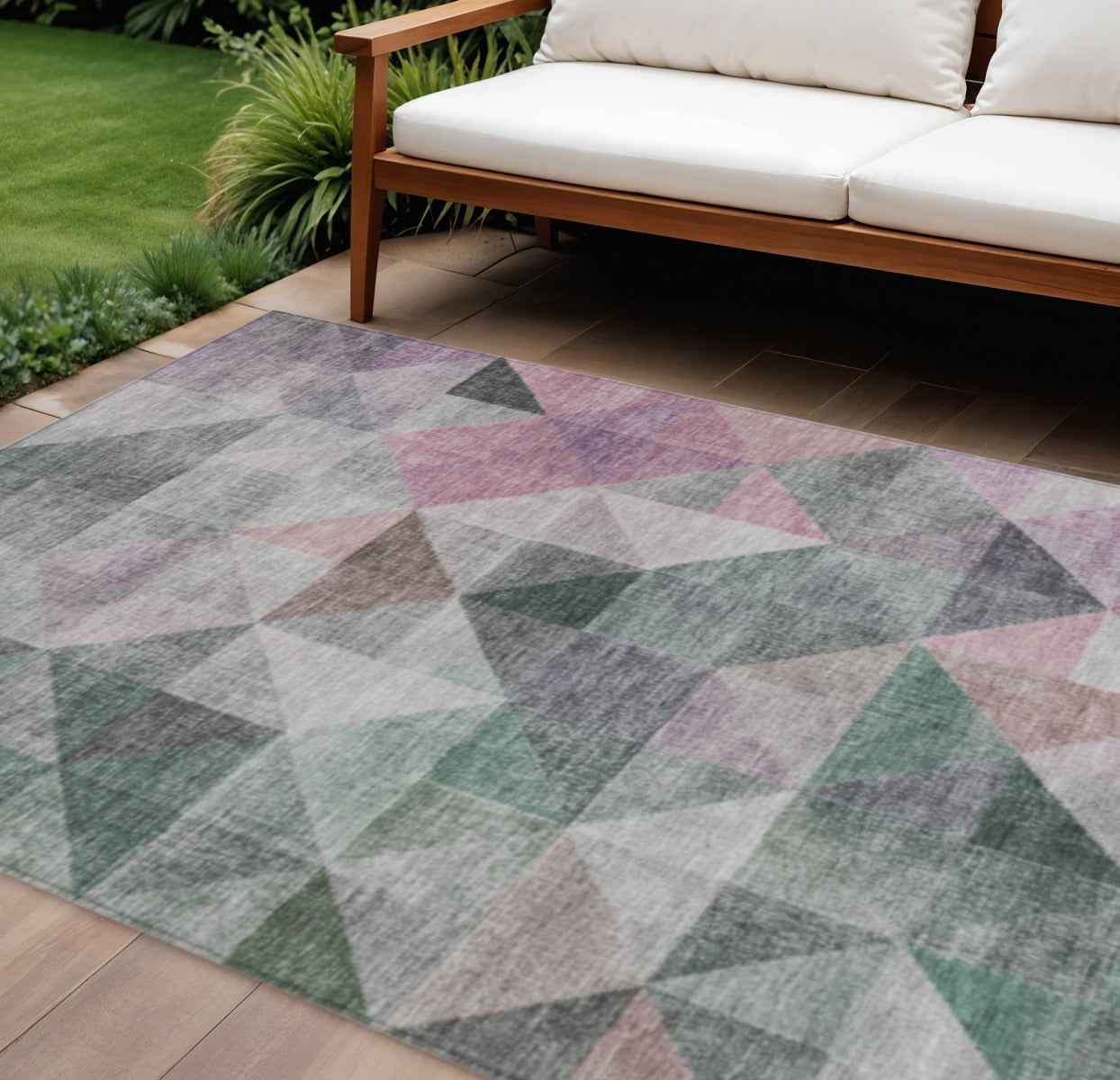 8' X 10' Blush And Green Geometric Washable Indoor Outdoor Area Rug