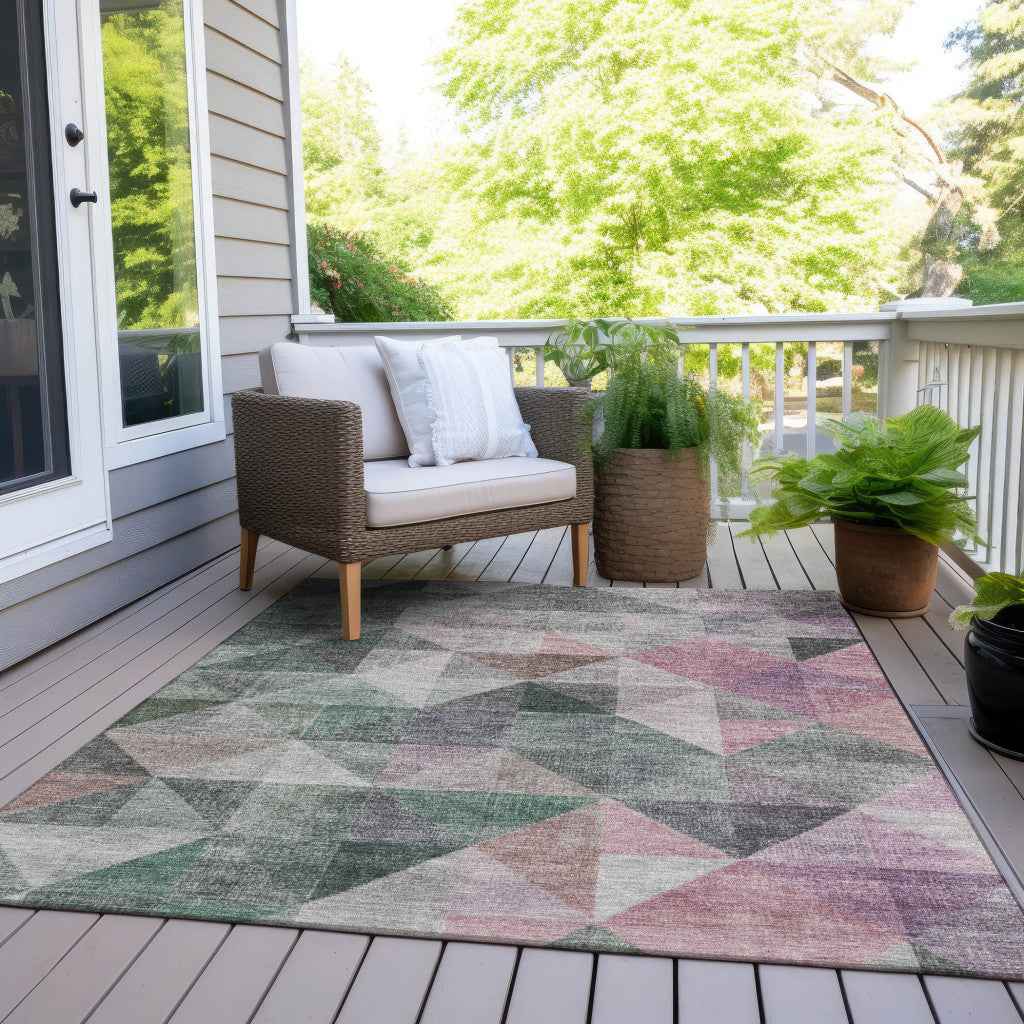 8' X 10' Blush And Green Geometric Washable Indoor Outdoor Area Rug