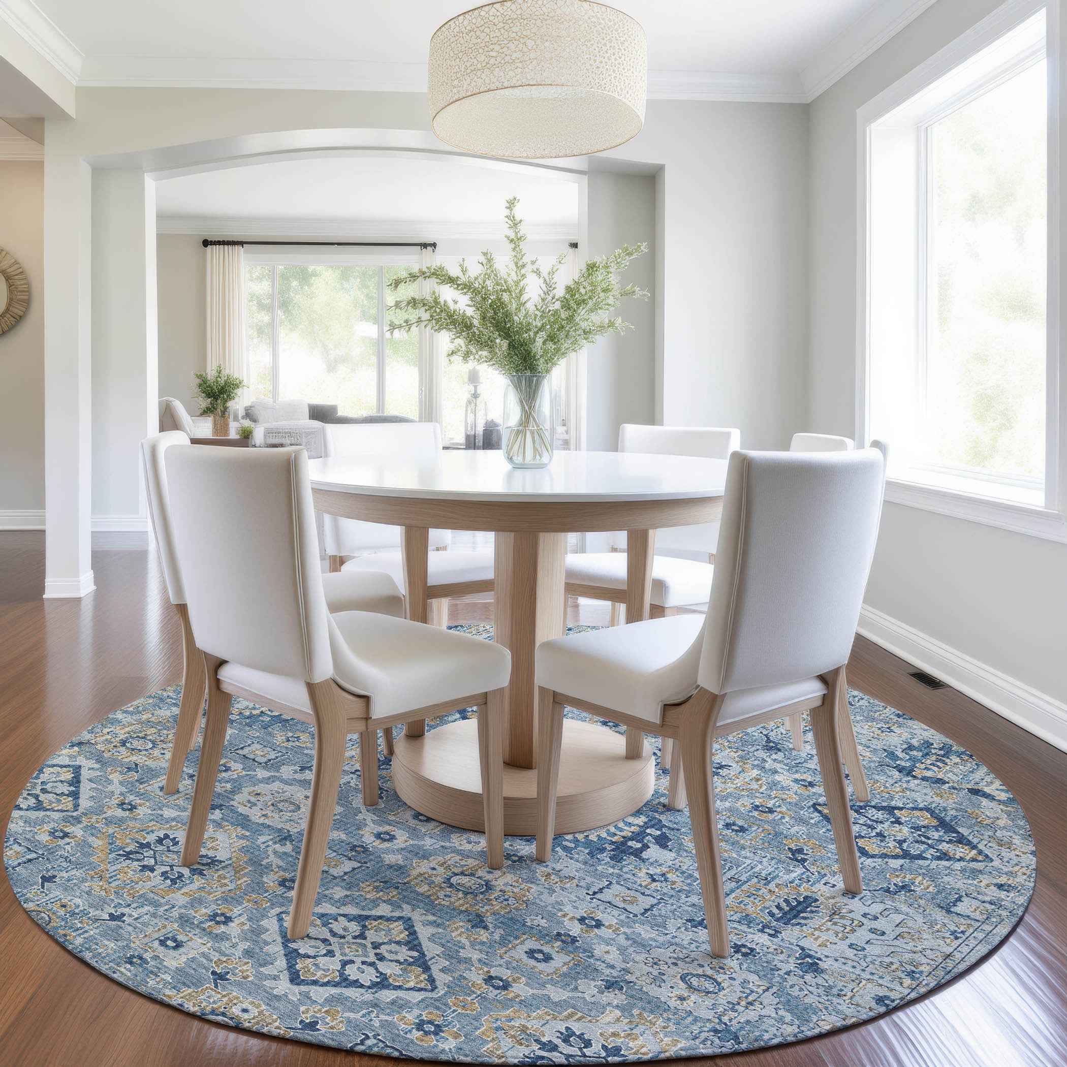 8' Denim Blue And Gold Round Floral Medallion Washable Indoor Outdoor Area Rug