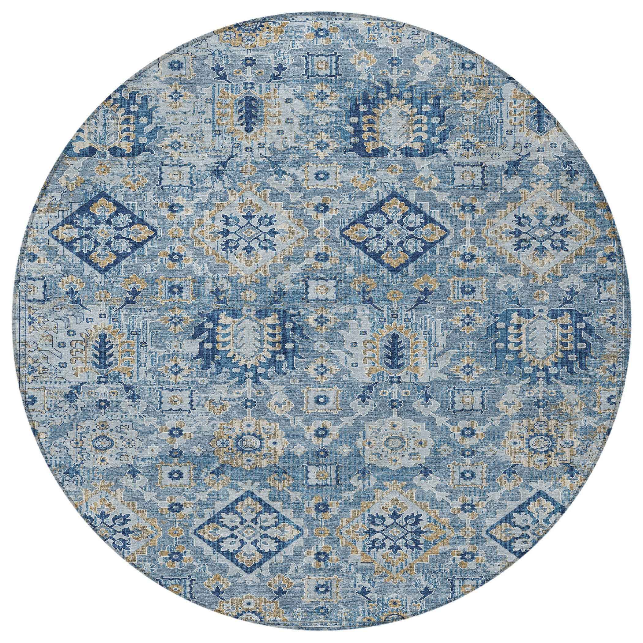 8' Denim Blue And Gold Round Floral Medallion Washable Indoor Outdoor Area Rug