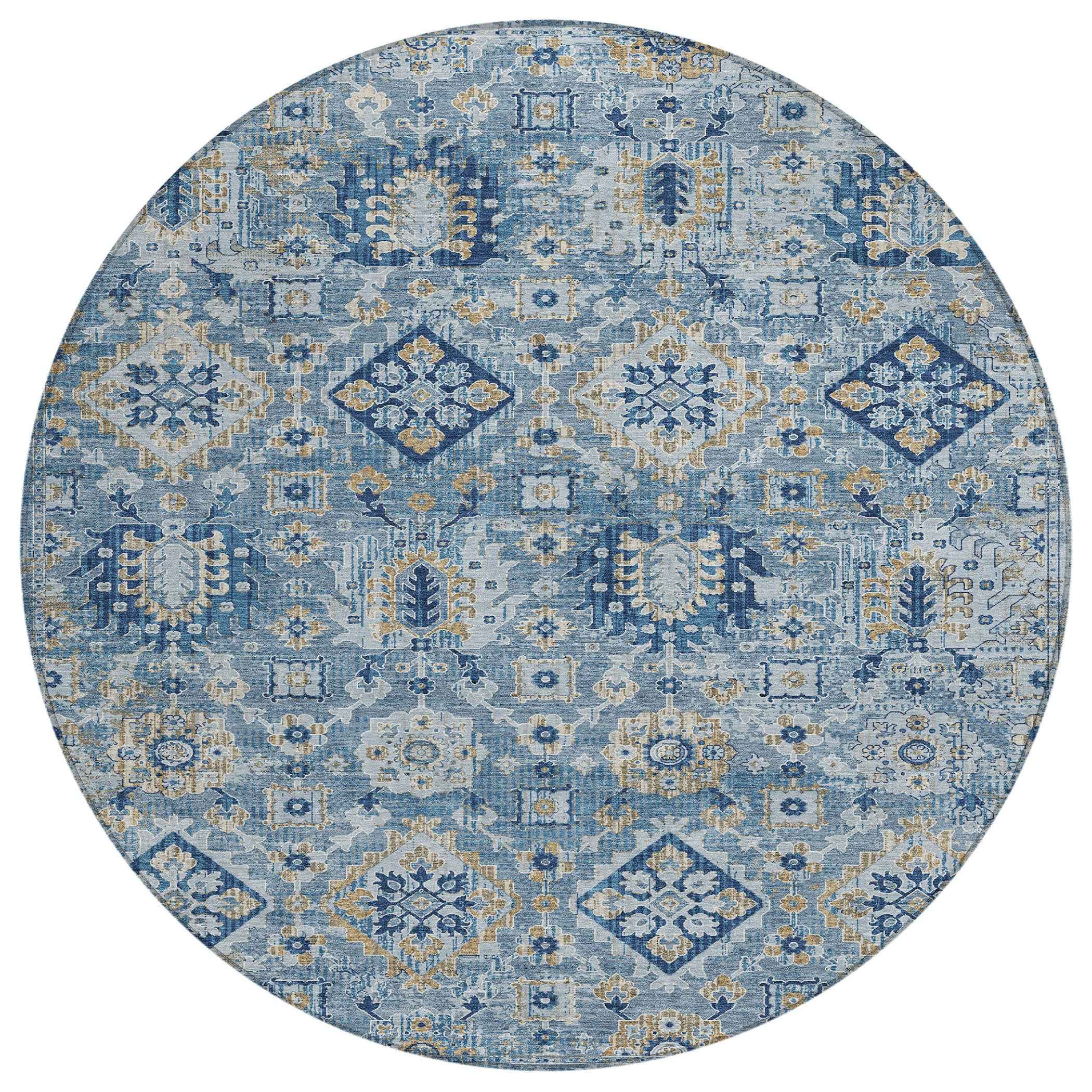 8' Denim Blue And Gold Round Floral Medallion Washable Indoor Outdoor Area Rug